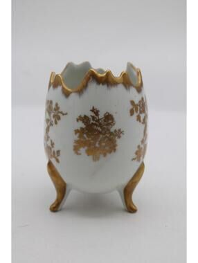 Vintage Limoges France Hand Painted 3 Footed Gold Trim Floral Cracked Egg Vase
